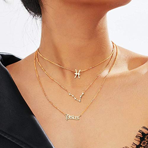 PANTIDE 3Pcs Pisces Zodiac Layer Necklaces for Women Retro 14K Gold Plated 12 Constellation Pendant Necklaces Exquisite Letter Horoscope Old English Zodiac Sign Necklace Jewelry Birthday Gift - Image 4