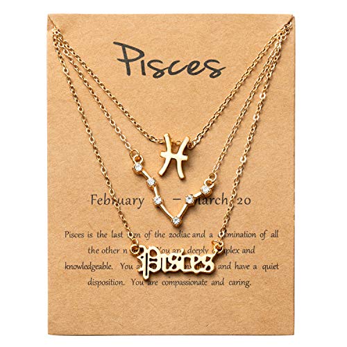 PANTIDE 3Pcs Pisces Zodiac Layer Necklaces for Women Retro 14K Gold Plated 12 Constellation Pendant Necklaces Exquisite Letter Horoscope Old English Zodiac Sign Necklace Jewelry Birthday Gift - Image 1