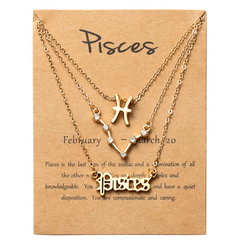 PANTIDE 3Pcs Pisces Zodiac Layer Necklaces for Women Retro 14K Gold Plated 12 Constellation Pendant Necklaces Exquisite Letter Horoscope Old English Zodiac Sign Necklace Jewelry Birthday Gift - Image 5