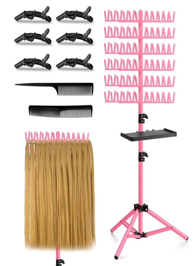 OLMRJKD Braiding Hair Rack with Tray, 144 Pegs Height Adjustable Braiding Rack, 2-side Hair Extension Holder Hanger, Hair Stand with Stylist Hair Braiding Tools for Hair Salon Home Traveling (Pink) - Image 1