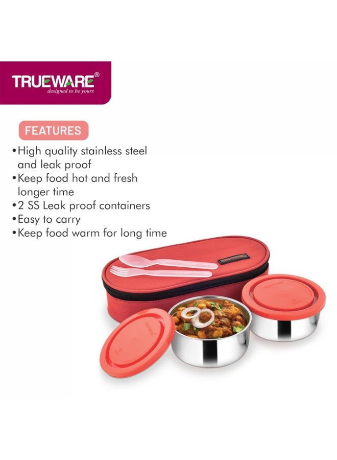 Trueware علبة غداء ترووير كلاسيك | حاويتان | 300 مل لكل منهما | حاويات من الفولاذ المقاوم للصدأ مانعة للتسرب | أحمر | خفيفة الوزن | آمنة للغسل في غسالة الأطباق | سهلة الحمل | مانعة للتسرب | حقيبة قماشية معزولة مع ملعقة وشوكة - Image 3