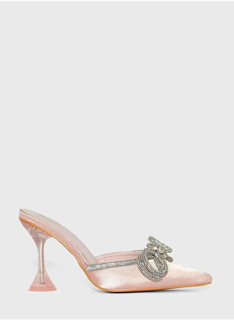 Ella Limited Edition Satin Diamante Bow Flared Heel Pump Pink