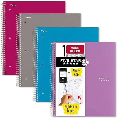 Five Star Spiral Notebook + Study App, 4 Pack, 1 Subject, Wide Ruled Paper, 8" x 10-1/2", 100 Sheets, Fights Ink Bleed, Water Resistant Cover, Purple, Pink, Gray and Blue (930105-ECM) - Image 1
