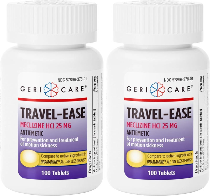 GeriCare GeriCare Meclizine HCI 25mg Antiemetic Travel-Ease Tablets, Prevents and Treats Motion Sickness, Nausea Relief, 100 Count (Pack of 2) 