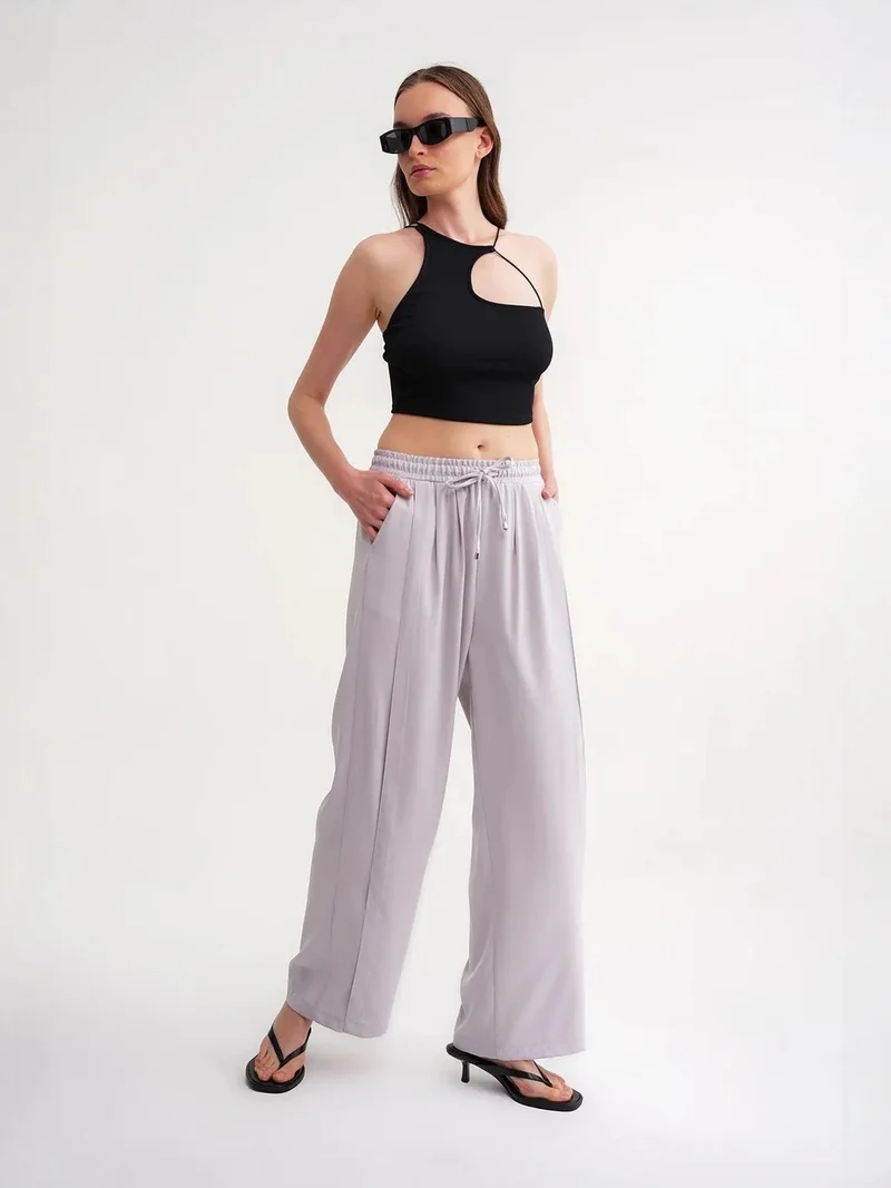 Mixray Grey MIXRAY Basic Wide Leg Pants for Women | Best Price UAE