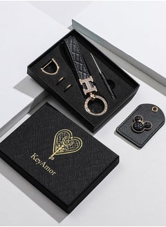 KeyAmor Elegant metal and quilted leather keychain car key holder for adults. Includes a matching AirTag holder. Stylish keychain with golden crystal-accented rings, perfect for women, featuring 3 key rings for added functionality. Made with elegant black leather, offers 360-degree rotation, and comes in a fancy gift box, making it a perfect gift choice.  - Image 1