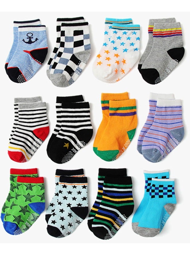 GUSGU 12 Pairs Non Slip Toddler Socks 1-3 years Cotton Infant Baby Kids Grip Socks for Boy Girls Anti Skid Ankle Socks Size 12-14cm  - Image 1