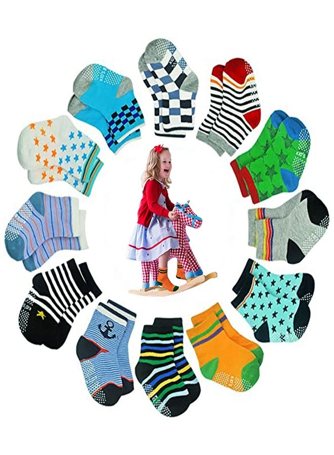 GUSGU 12 Pairs Non Slip Toddler Socks 1-3 years Cotton Infant Baby Kids Grip Socks for Boy Girls Anti Skid Ankle Socks Size 12-14cm  - Image 5