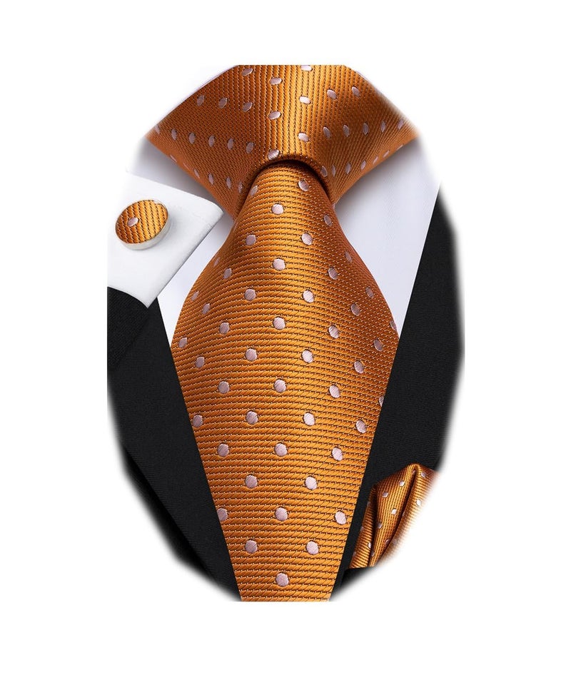 Dubulle Mens Orange Dots Striped Tie WOVEN Necktie for Men and Handkerchief Cufflinks Set Wedding Formal Business - Image 1