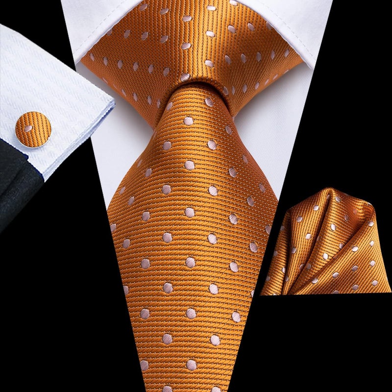 Dubulle Mens Orange Dots Striped Tie WOVEN Necktie for Men and Handkerchief Cufflinks Set Wedding Formal Business - Image 4