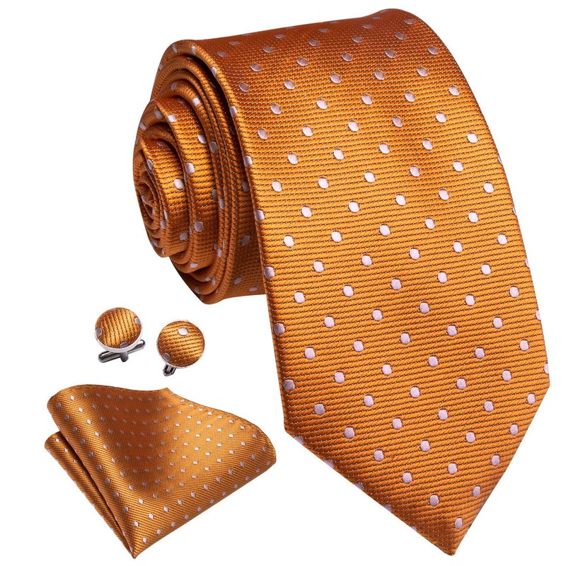 Dubulle Mens Orange Dots Striped Tie WOVEN Necktie for Men and Handkerchief Cufflinks Set Wedding Formal Business - Image 2