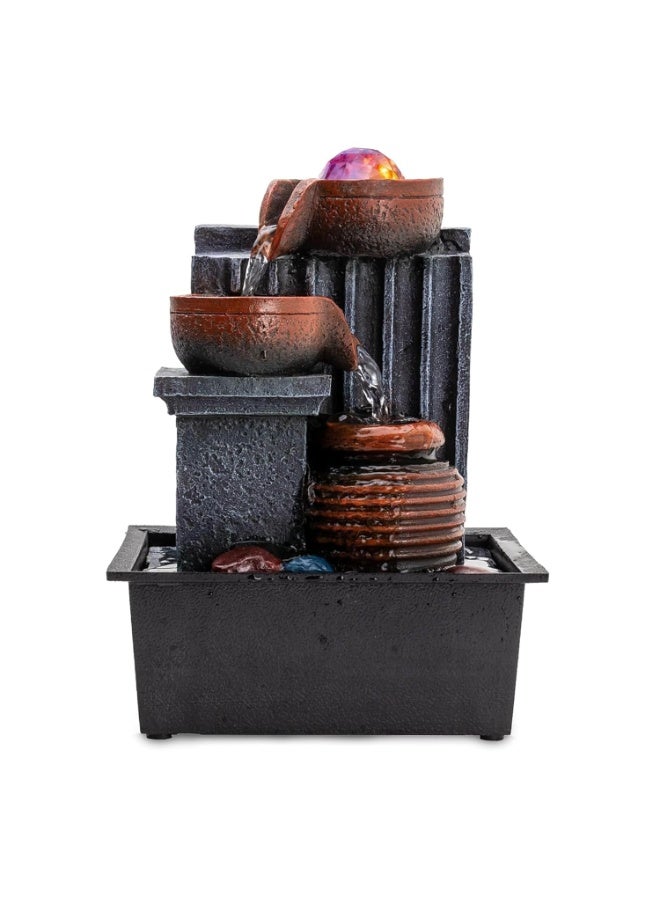 Mini Indoor Tabletop Water Fountain with LED Light – Decorative Showpiece Waterfall for Living Room, Office & Home Décor – Brown & Grey - Image 2