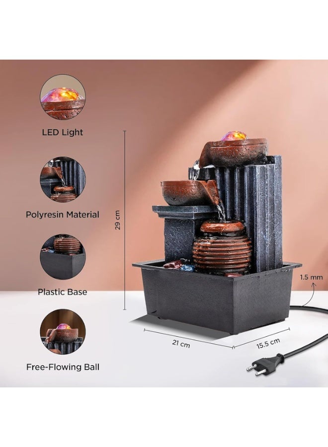 Mini Indoor Tabletop Water Fountain with LED Light – Decorative Showpiece Waterfall for Living Room, Office & Home Décor – Brown & Grey - Image 3