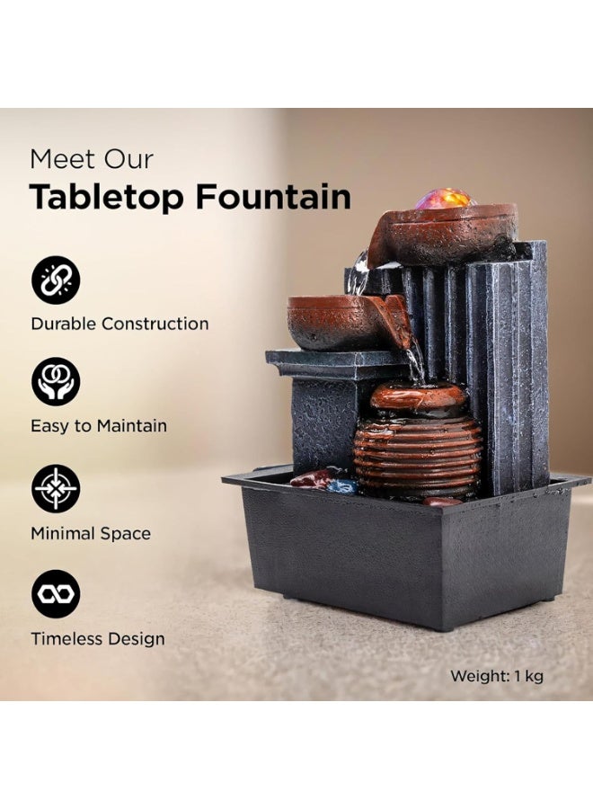 Mini Indoor Tabletop Water Fountain with LED Light – Decorative Showpiece Waterfall for Living Room, Office & Home Décor – Brown & Grey - Image 4