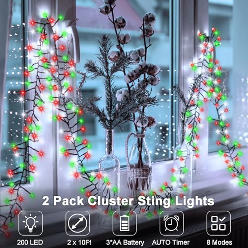 BSGlobal 2 Pack Christmas Lights Red White Green, Total 20Ft 400 LED String Lights with Timer 8 Modes Cluster Firecracker Light for Tree Room Garden Outdoor Decor - Image 2