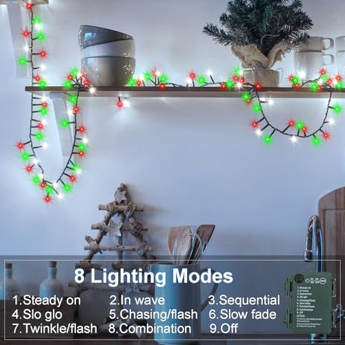 BSGlobal 2 Pack Christmas Lights Red White Green, Total 20Ft 400 LED String Lights with Timer 8 Modes Cluster Firecracker Light for Tree Room Garden Outdoor Decor - Image 4