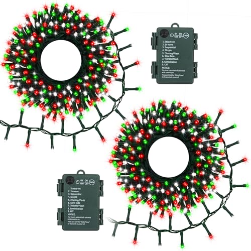BSGlobal 2 Pack Christmas Lights Red White Green, Total 20Ft 400 LED String Lights with Timer 8 Modes Cluster Firecracker Light for Tree Room Garden Outdoor Decor - Image 1