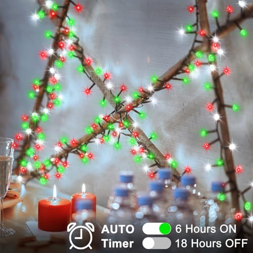 BSGlobal 2 Pack Christmas Lights Red White Green, Total 20Ft 400 LED String Lights with Timer 8 Modes Cluster Firecracker Light for Tree Room Garden Outdoor Decor - Image 3