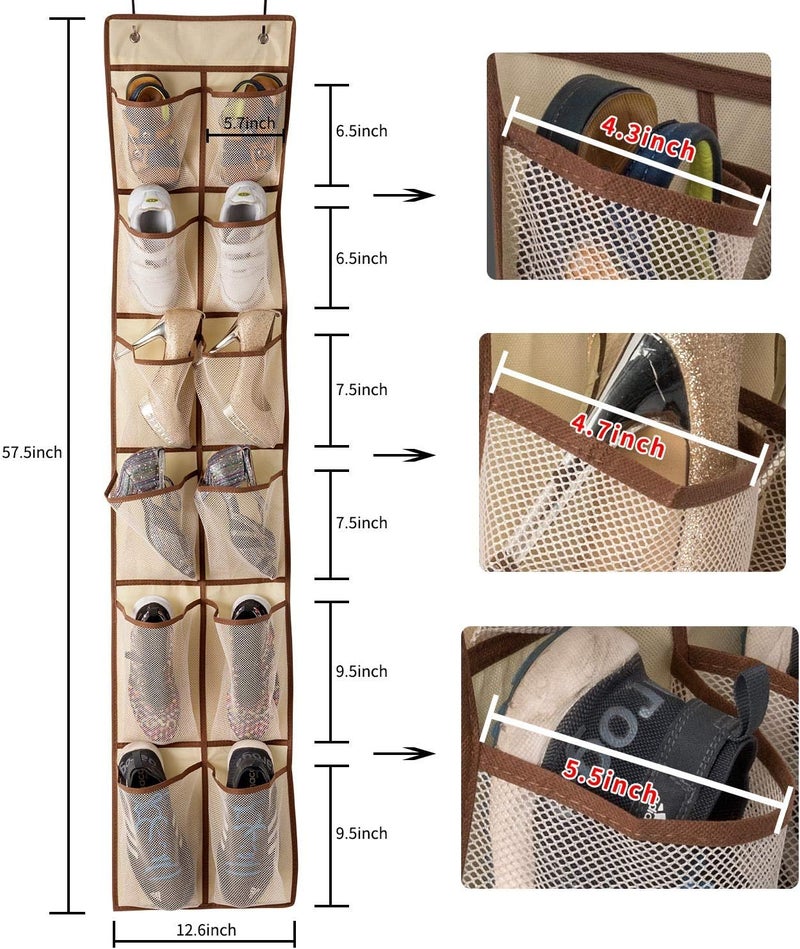 Keepjoy Over The Door Shoe Organizer,Hanging Shoe Organizer 12 Mesh Pockets Shoe Organizer for Closet,Works Well for Men and Woman Kids Shoes Storage, 57.5×12.6inch(Beige) - Image 2