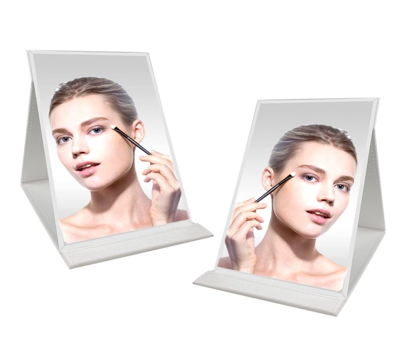 ONICORN® Foldable Makeup Mirror with Stand, Compact Portable Folding Free Standing Travel Vanity Mirror, Frameless PU Leather (White-Pack of 2) - Image 1