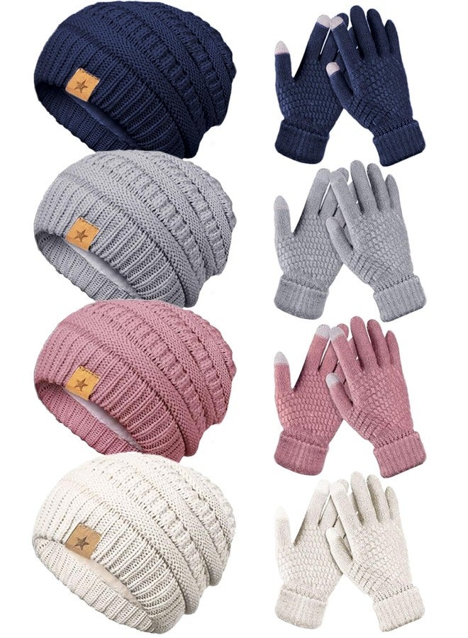 JaGely 8 Pieces Women Winter Hats and Gloves Set Women Warm Touchscreen Knitted Lined Gloves Winter Beanies(Grey, Soft White, Skin Pink, Dark Blue,Without Pom Pom) - Image 1