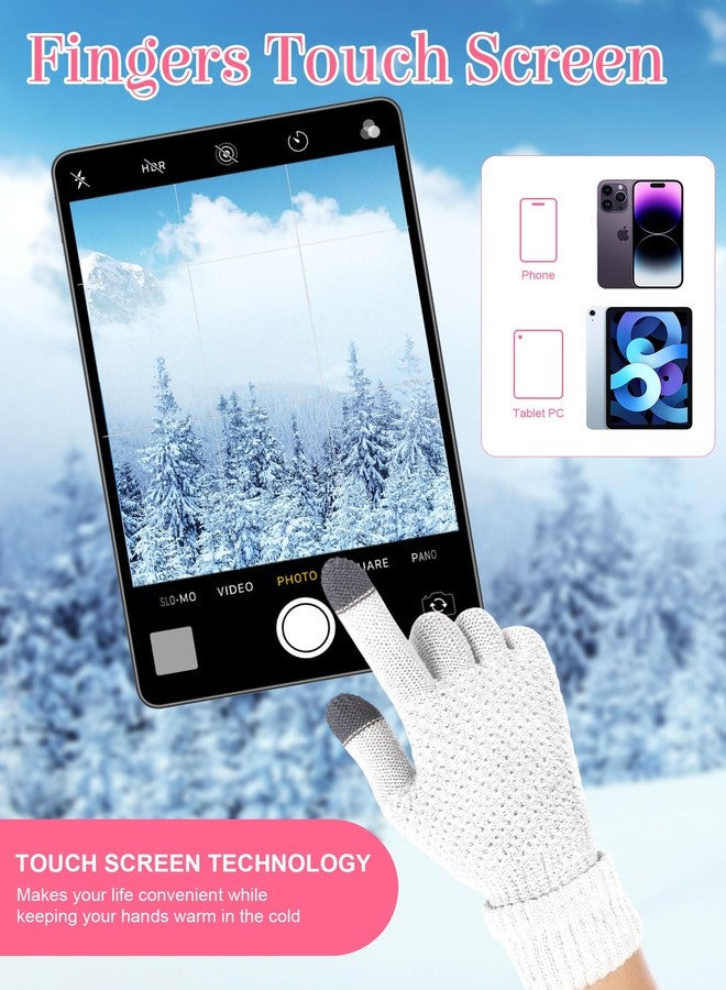 JaGely 8 Pieces Women Winter Hats and Gloves Set Women Warm Touchscreen Knitted Lined Gloves Winter Beanies(Grey, Soft White, Skin Pink, Dark Blue,Without Pom Pom) - Image 4