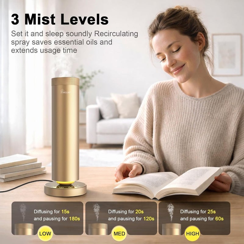 Scent Diffuser Machine, 1500 Sq Ft, Ring Ambient Light, Wireless, Aluminum, Remote ControlandTouch Buttons, Adjustable Fragrance IntensityandTimer, Waterless Diffuser - Gold - Image 2