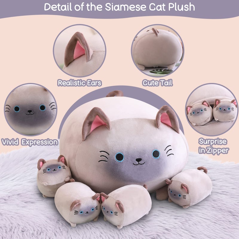 SQEQE Siamese Cat Plush, Cute Stuffed Animals Mommy with 4 Squishy Kitties, Soft Plush Pillow Gifts for Kids - Image 3