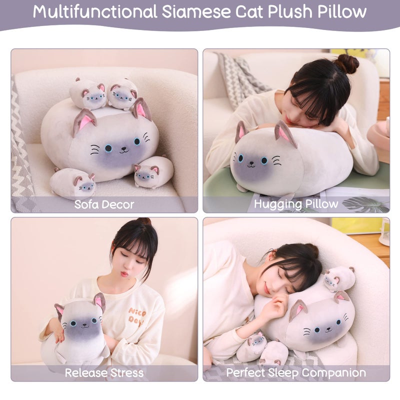 SQEQE Siamese Cat Plush, Cute Stuffed Animals Mommy with 4 Squishy Kitties, Soft Plush Pillow Gifts for Kids - Image 5