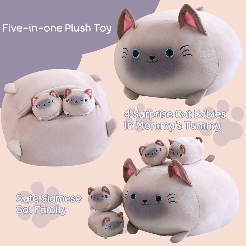 SQEQE Siamese Cat Plush, Cute Stuffed Animals Mommy with 4 Squishy Kitties, Soft Plush Pillow Gifts for Kids - Image 4