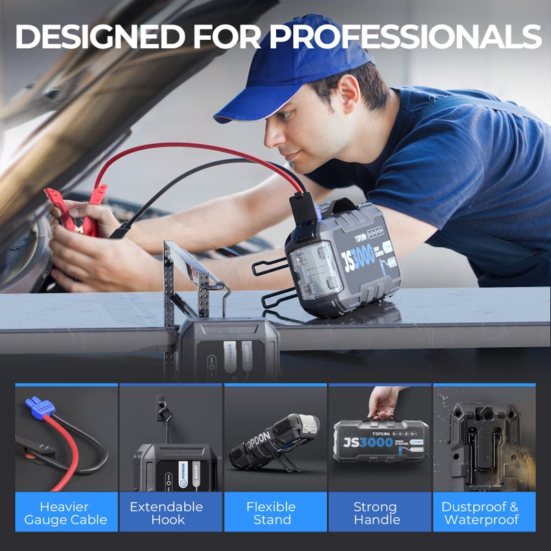 Topdon JS3000 12V 3000A Battery Booster Jump Starter Pack for Up to 9L Gas/ 7L Diesel Engines, Portable Car Battery Charger with Handle Jumper Cable and EVA Protection Case - Image 3
