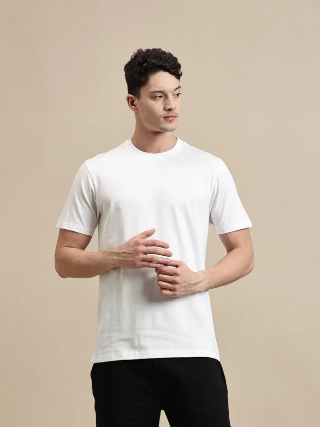 ECOLORE Men White Crew Neck Slim Fit T-Shirt