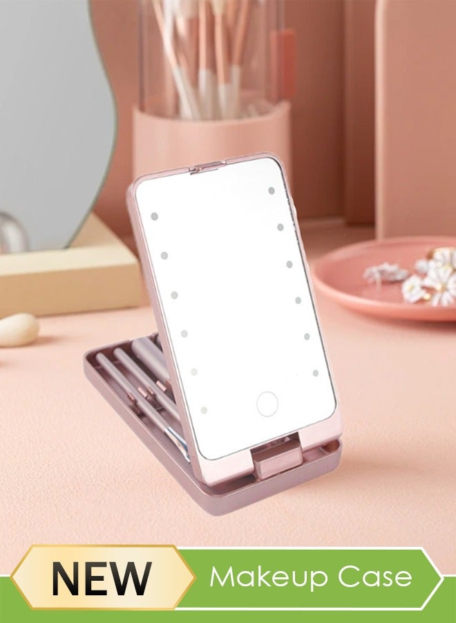 Generic Portable Makeup Mirror With 5 Makeup Brushes Travel Case Storage Box LED Rechargeable Makeup Mirror, Foundation Powder Concealers Eye Shadows Makeup Brush Set (Pink) - Image 1