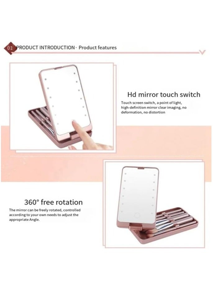 Generic Portable Makeup Mirror With 5 Makeup Brushes Travel Case Storage Box LED Rechargeable Makeup Mirror, Foundation Powder Concealers Eye Shadows Makeup Brush Set (Pink) - Image 5