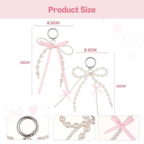 Flavizo 2Pcs Pearl Bow Keychain Set for Women - Elegant Ribbon Bow Bag Charms for Handbags, Cute Aesthetic Keyring for Purse, Phone Sling Strap Bling Accessory Gift - Image 2