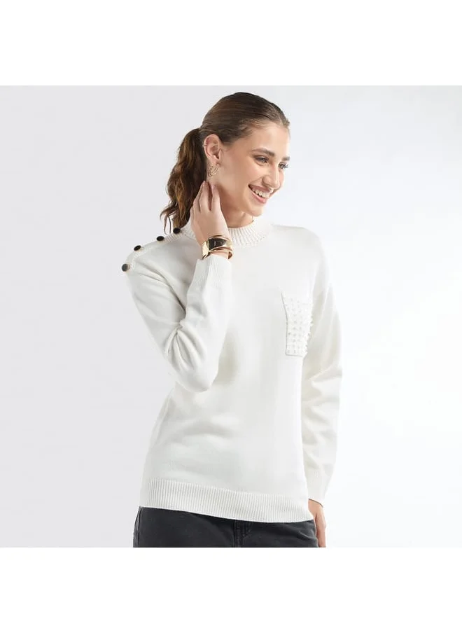 FAV Textured Crew Neck Sweater with Front Pocket