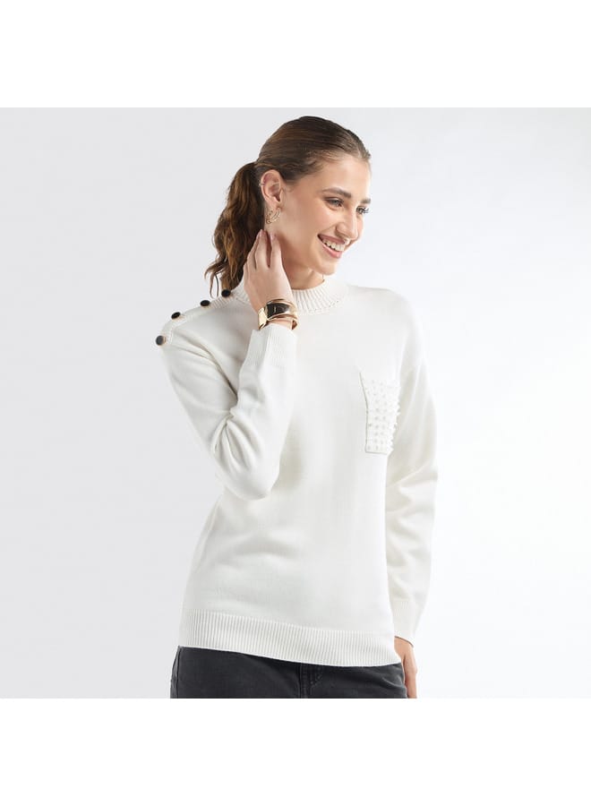 Splash FAV Textured Crew Neck Sweater with Front Pocket  - Image 1