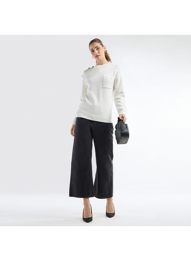 Splash FAV Textured Crew Neck Sweater with Front Pocket  - Image 2