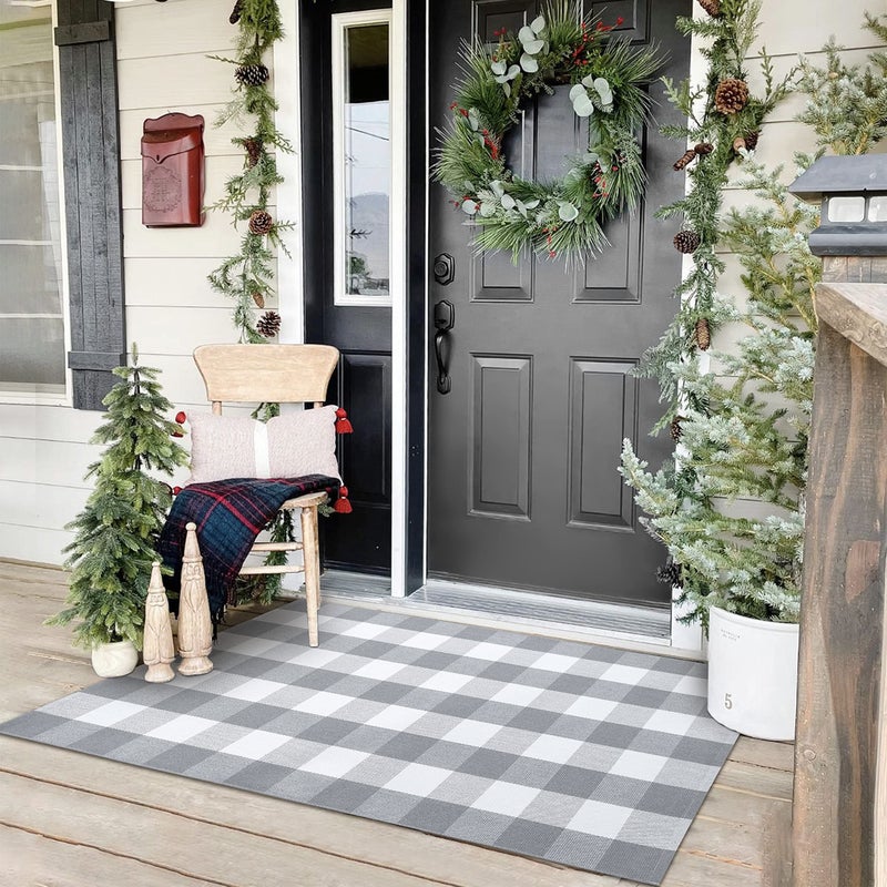 KOZYFLY Buffalo Plaid Area Rugs 3x5 Ft Gray and White Checkered Rug Washable Front Door Mat Hand Woven Cotton Outdoor Rug Large Rug for Front Porch Kitchen Entryway Patio Bathroom