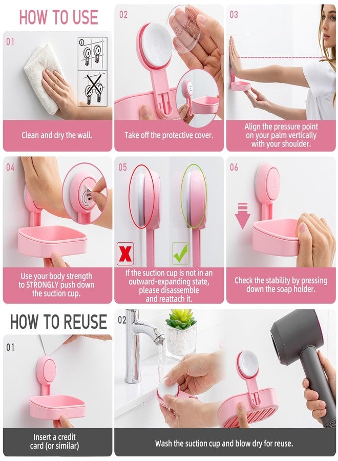 LEVERLOC Soap Dish Holder for Shower Suction Cup Wall Mounted Self Draining NO-Drilling Removable Bar Soap Sponge Holder for Bathroom Bathtub Kitchen Sink Waterproof Strong Vacuum Suction, Pink - Image 5