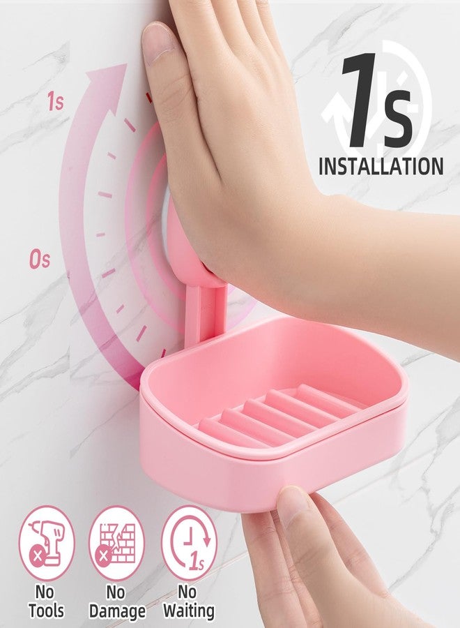 LEVERLOC Soap Dish Holder for Shower Suction Cup Wall Mounted Self Draining NO-Drilling Removable Bar Soap Sponge Holder for Bathroom Bathtub Kitchen Sink Waterproof Strong Vacuum Suction, Pink - Image 2