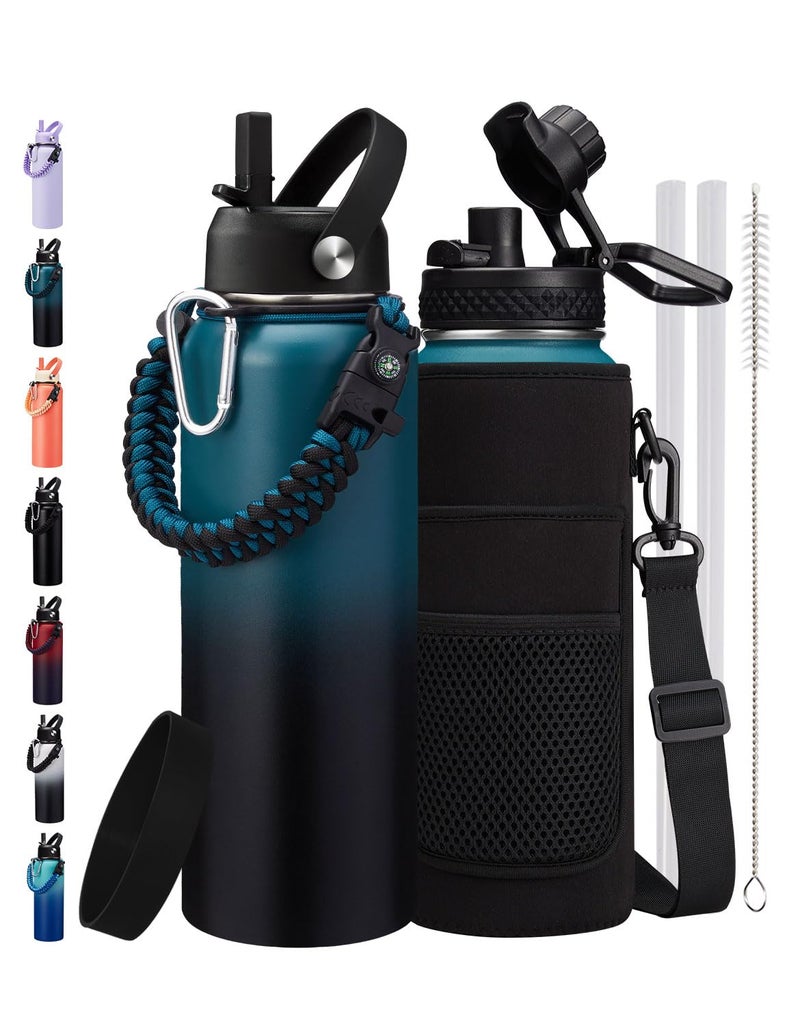 ICIOI 32/40/64/128 oz Insulated Water Bottle 40 oz  (Cold for 48H)  Leak Proof Food-Grade Stainless Steel Water Jug With Straw Lid and Atuo Spout Lid  Portable Paracord Handle & Carrier Bag Indigo Black - Image 1