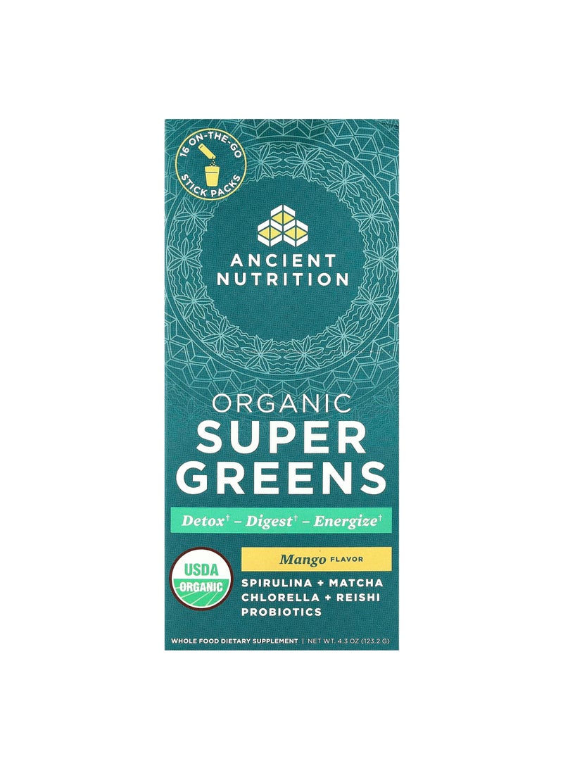 Ancient Nutrition Organic Super Greens, Mango, 16 On-The-Go Stick Packs, 0.3 oz (7.7 g) Each