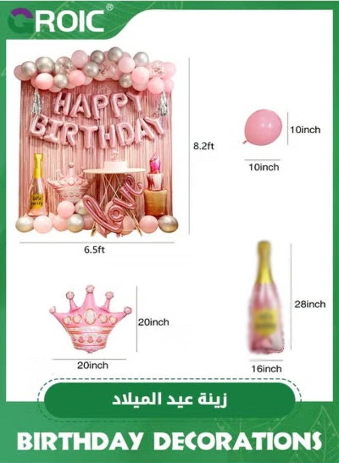 GROIC 65 Pcs Pink Birthday Decorations, Pink Fringe Curtain with Happy Birthday Balloons Banner, Happy Birthday Balloons, Happy Birthday Balloon Letters Girl Birthday Party Decorations - Image 2