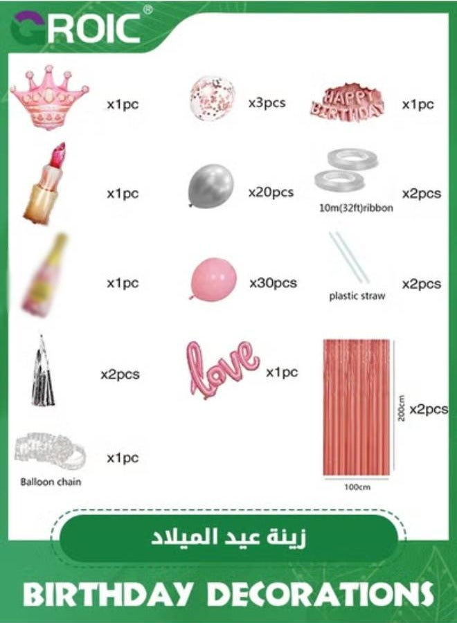 GROIC 65 Pcs Pink Birthday Decorations, Pink Fringe Curtain with Happy Birthday Balloons Banner, Happy Birthday Balloons, Happy Birthday Balloon Letters Girl Birthday Party Decorations - Image 4