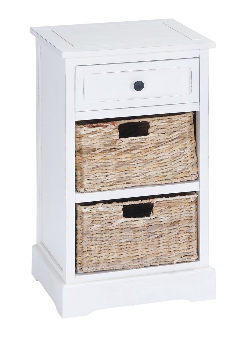 Deco 79 Wood 1 Drawer Storage Unit with 2 Brown Woven Baskets, 16" x 13" x 28", Cream - Image 1