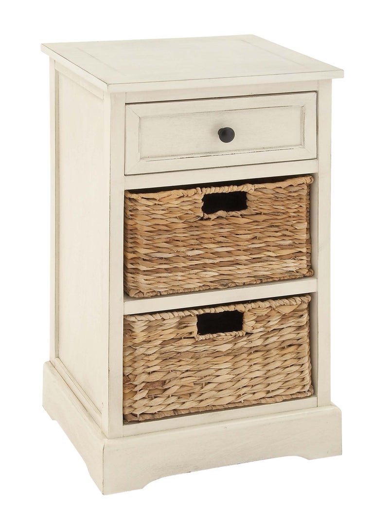 Deco 79 Wood 1 Drawer Storage Unit with 2 Brown Woven Baskets, 16" x 13" x 28", Cream - Image 2