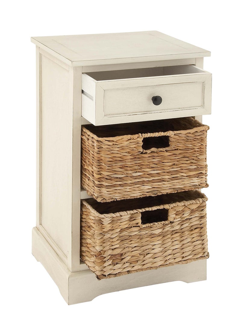 Deco 79 Wood 1 Drawer Storage Unit with 2 Brown Woven Baskets, 16" x 13" x 28", Cream - Image 3