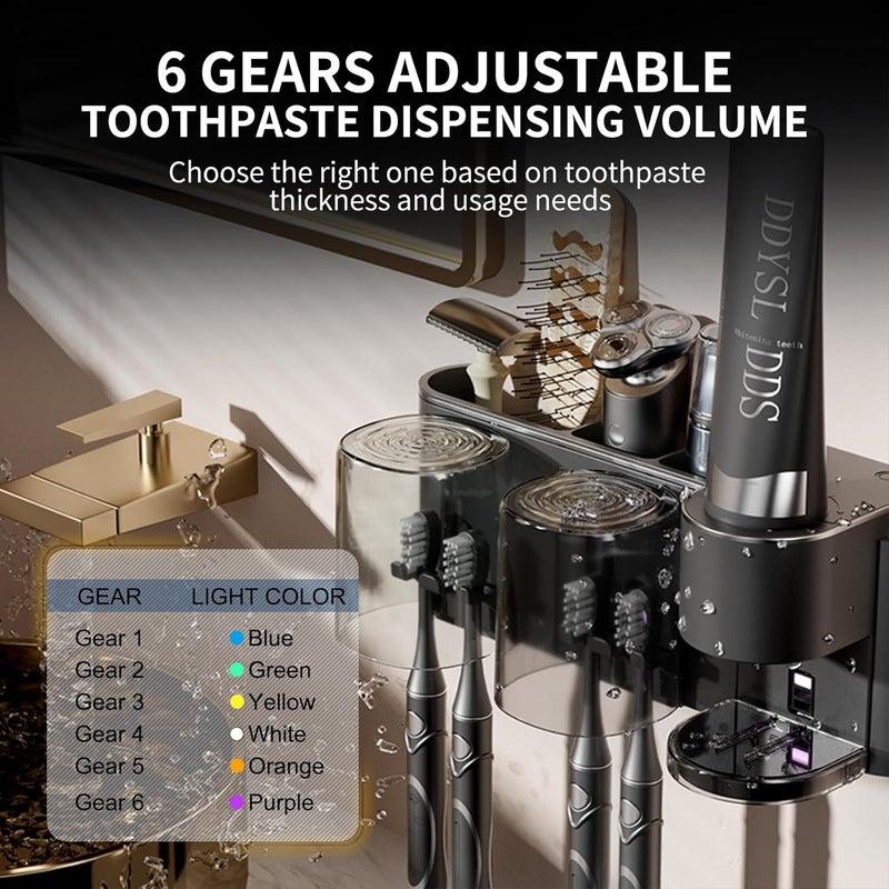 Monstake Automatic Toothpaste Dispenser Wall Mounted: 2 Cups Toothbrush Holders Black Electric 6 Adjustable Levels Auto Toothpaste Squeezer Smart Rechargeable Touchless for Kids Adults - Bathroom - Image 3