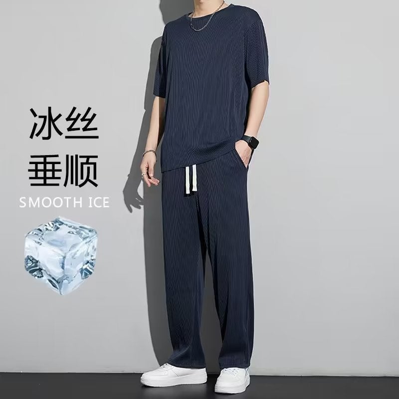 Simple Casual Mens T-shirt Set Summer Trend Five-Quarter Sleeve Long Pants Laid-back Japanese Style Versatile Sportswear Blue  - Image 1